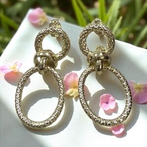 14k Gold Electroplated Textured Chain Link Post Back Dangle Earrings